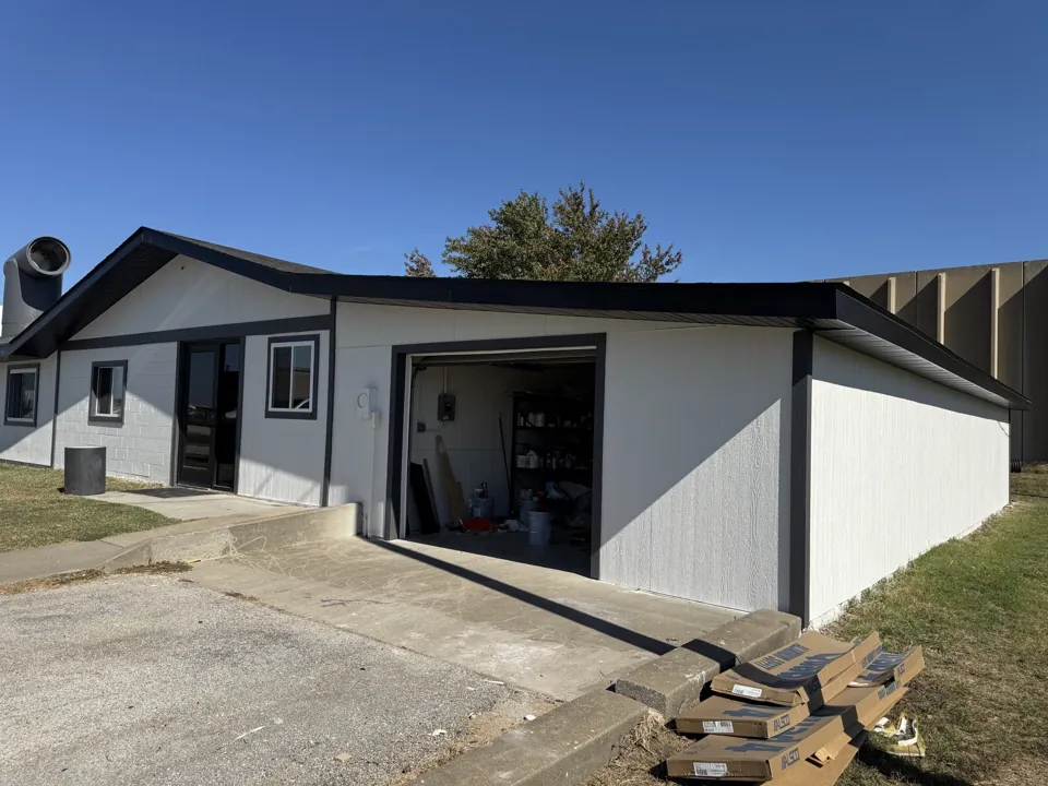 The renovated office entry and adjoining exterior.